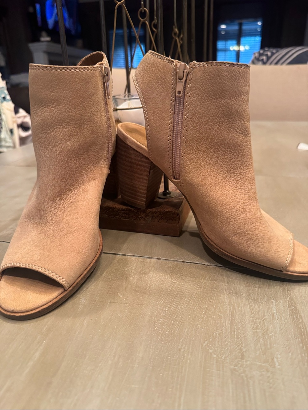 Lucky Brand Peep-Toe Stacked Heel Ankle Boots in Light Tan